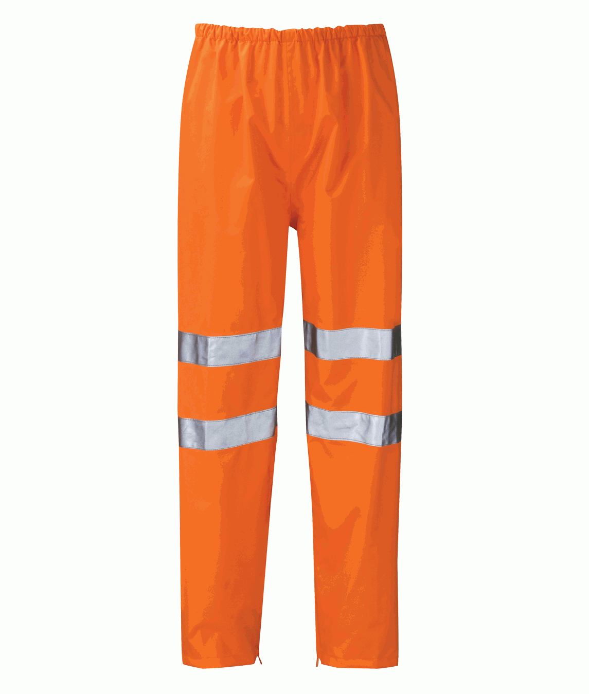 High-visibility orange waterproof over-trousers featuring two horizontal reflective silver stripes on each leg and an elasticated waistband for a secure, flexible fit.
by MAK Boots & Garments