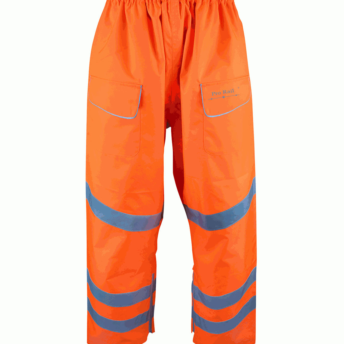 High-visibility orange waterproof overtrousers featuring multiple silver reflective bands around each leg for enhanced visibility. Includes two large front pockets and an elasticated waistband for comfort and easy wear.
by MAK Boots & Garments