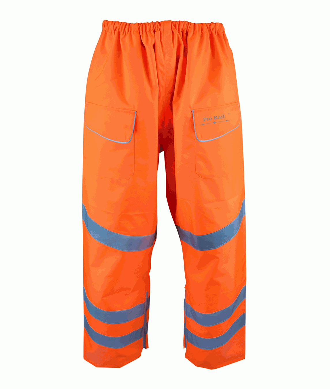 High-visibility orange waterproof overtrousers featuring multiple silver reflective bands around each leg for enhanced visibility. Includes two large front pockets and an elasticated waistband for comfort and easy wear.
by MAK Boots & Garments