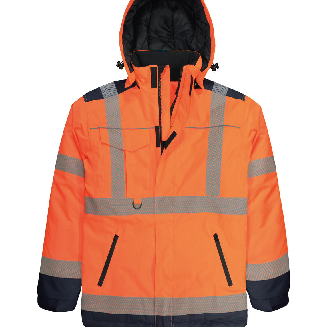 High-visibility orange winter jacket with a hood, navy contrast panels, and reflective chevron tape across the torso, arms, and shoulders. Features include a storm flap, zippered hand pockets, and adjustable drawcords on the hood for weather protection.
by MAK Boots & Garments