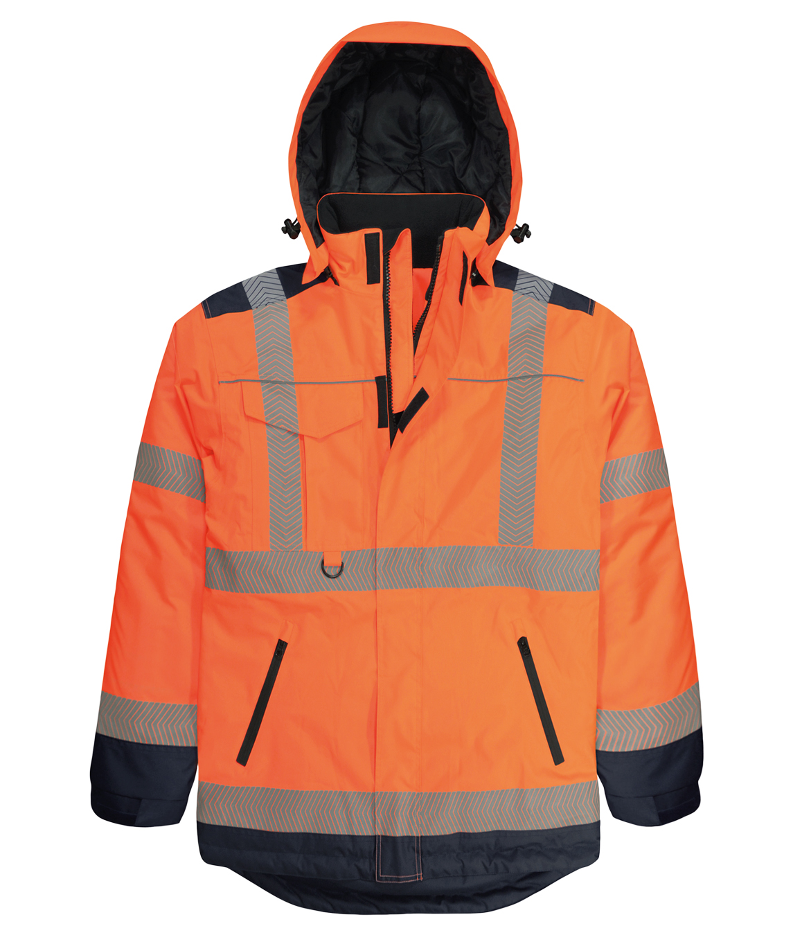 High-visibility orange winter jacket with a hood, navy contrast panels, and reflective chevron tape across the torso, arms, and shoulders. Features include a storm flap, zippered hand pockets, and adjustable drawcords on the hood for weather protection.
by MAK Boots & Garments