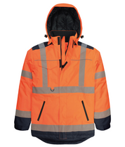High-visibility orange winter jacket with a hood, navy contrast panels, and reflective chevron tape across the torso, arms, and shoulders. Features include a storm flap, zippered hand pockets, and adjustable drawcords on the hood for weather protection.
by MAK Boots & Garments