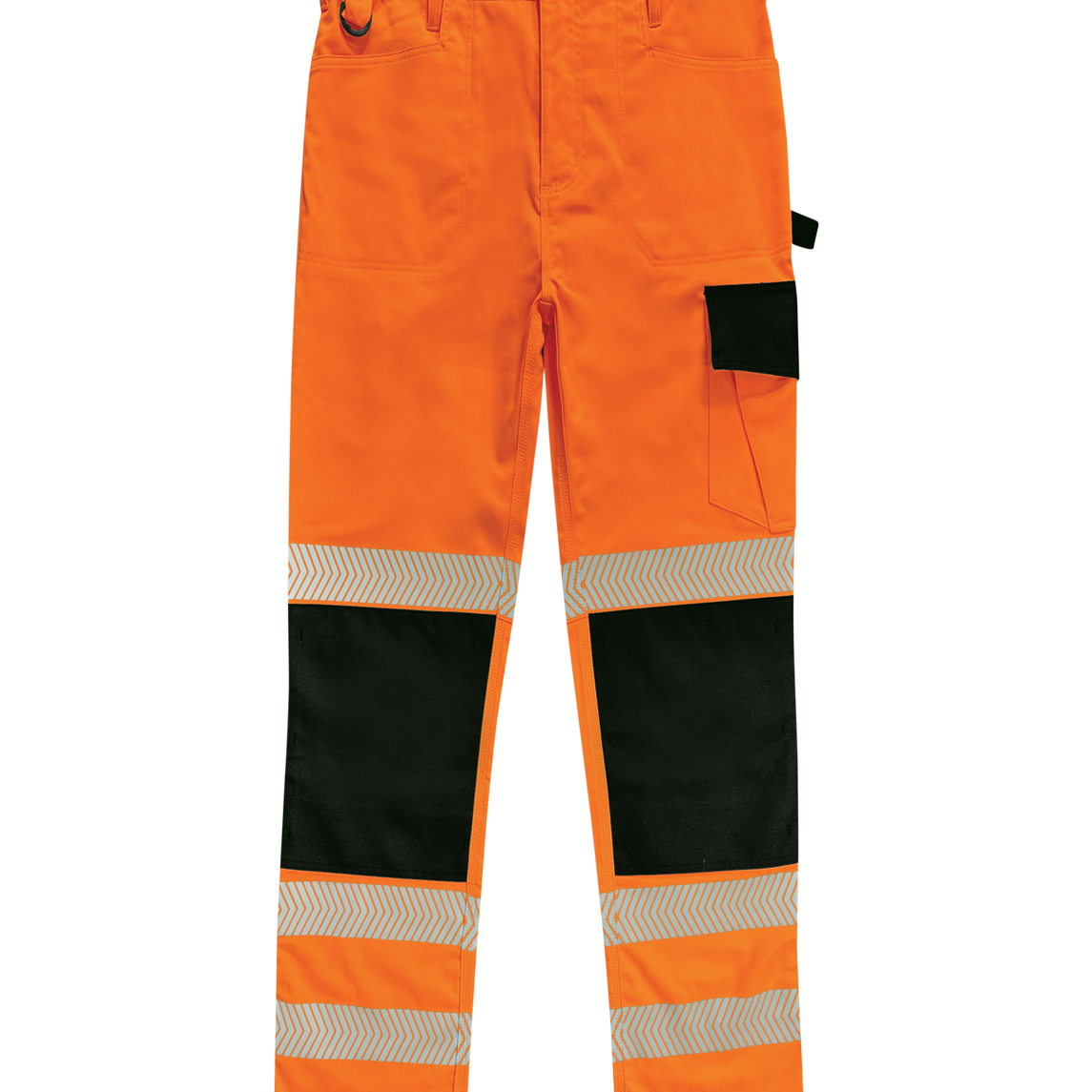 High-visibility orange work trousers with black reinforced knee panels and reflective chevron tape around the lower legs. Designed with utility pockets, belt loops, and a D-ring for tools or keys.
by MAK Boots & Garments