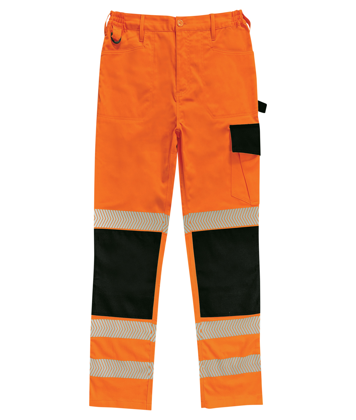 High-visibility orange work trousers with black reinforced knee panels and reflective chevron tape around the lower legs. Designed with utility pockets, belt loops, and a D-ring for tools or keys.
by MAK Boots & Garments