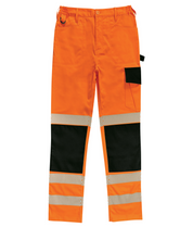 High-visibility orange work trousers with black reinforced knee panels and reflective chevron tape around the lower legs. Designed with utility pockets, belt loops, and a D-ring for tools or keys.
by MAK Boots & Garments