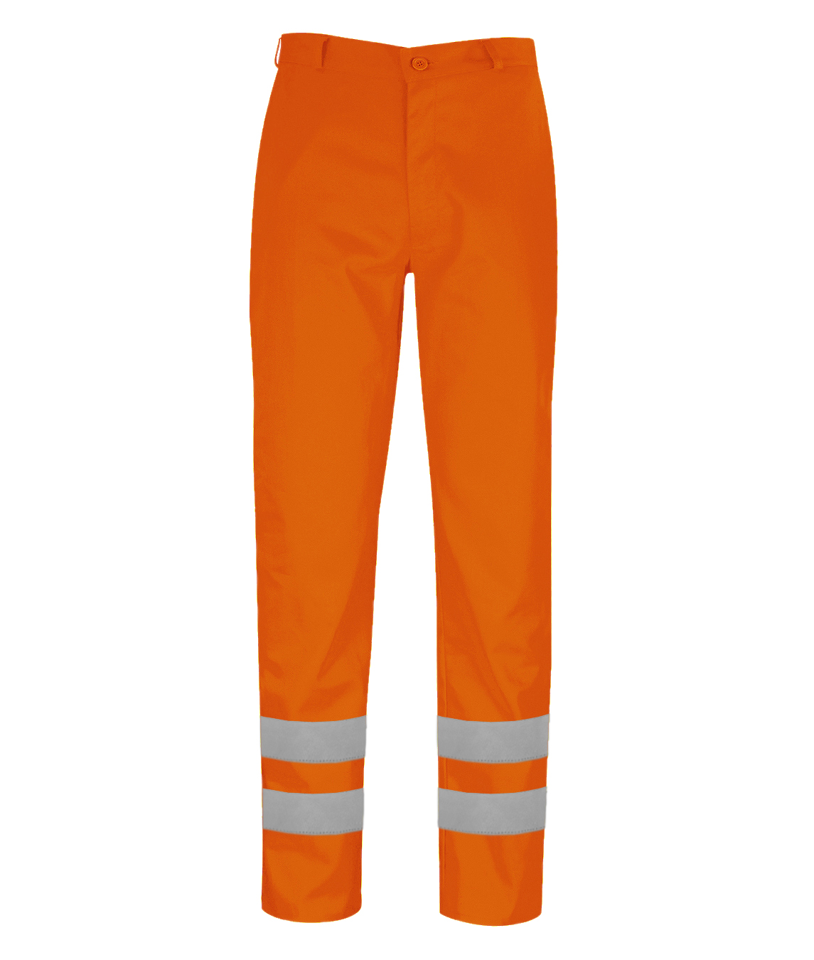 High-visibility orange work trousers with dual reflective tape bands around the lower legs for enhanced visibility designed for durability and compliant safety on-site by MAK Boots & Garments.