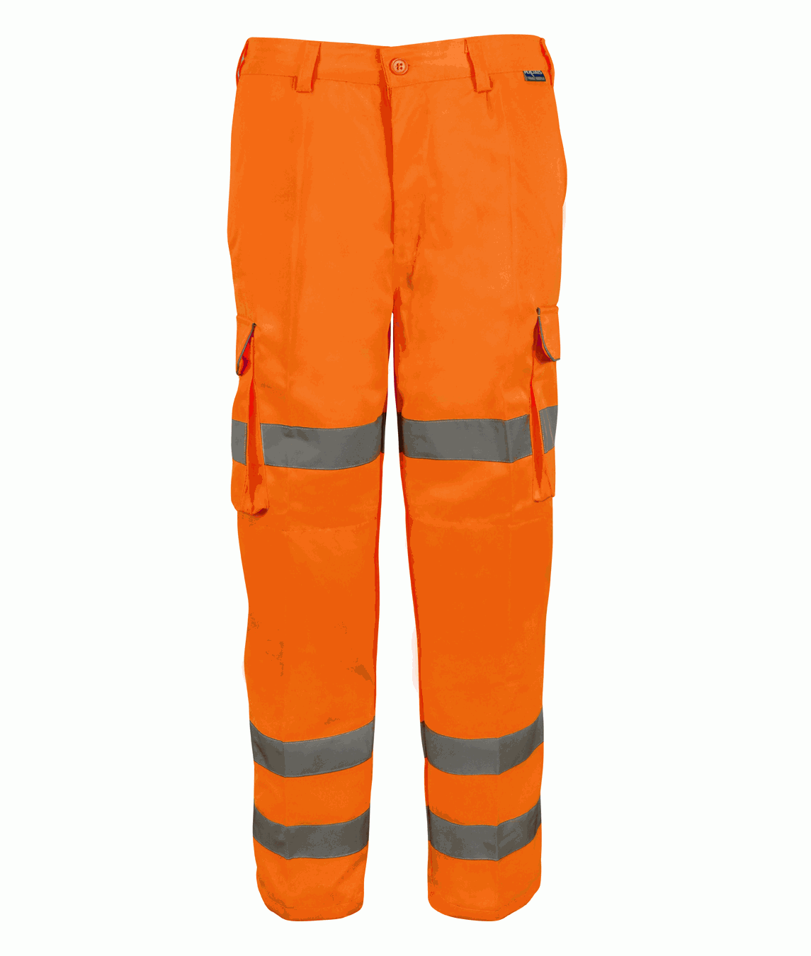 High-visibility orange work trousers with dual silver reflective bands around each lower leg, cargo pockets with grey trim, and a button closure at the waist.
by MAK Boots & Garments