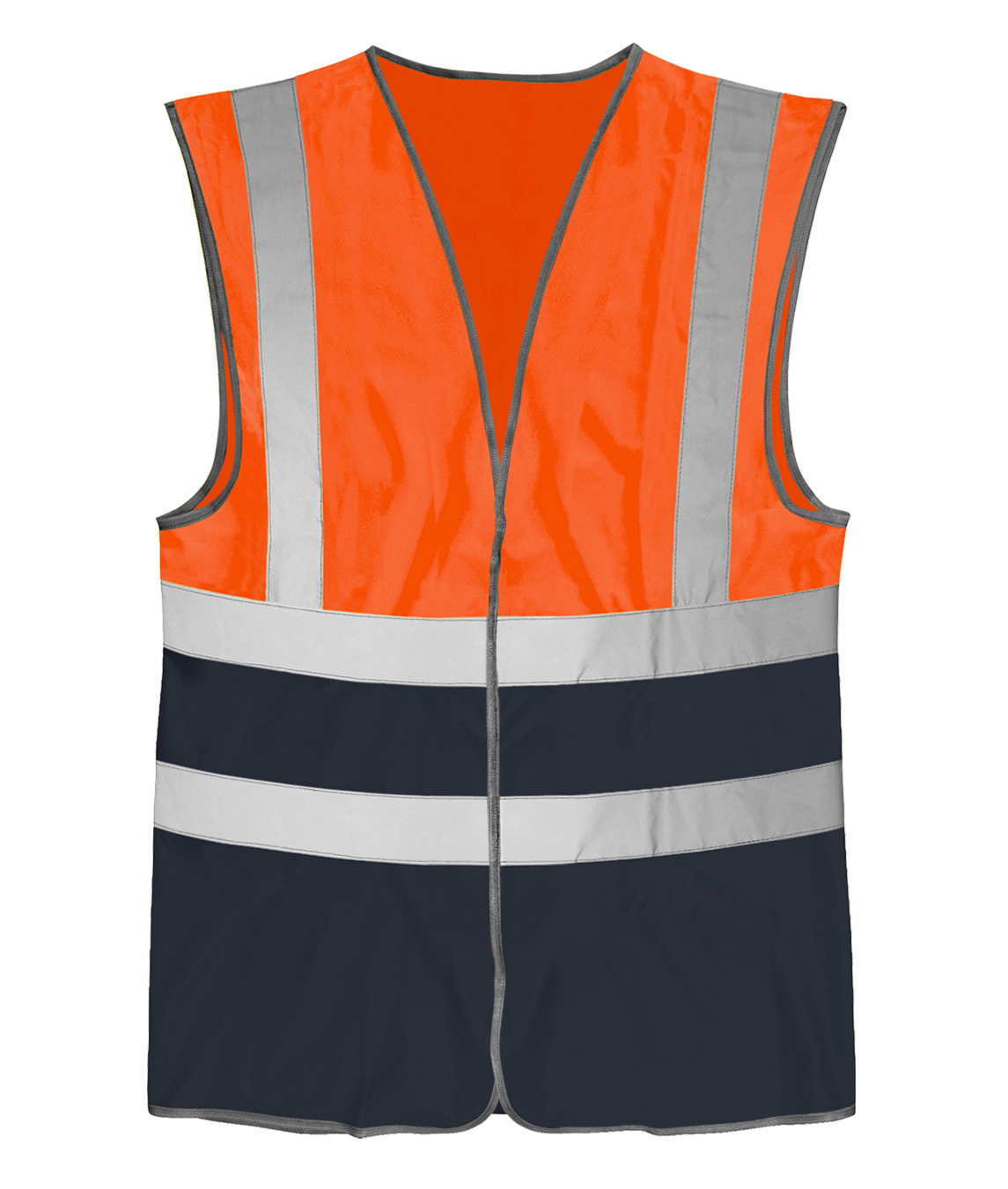 High-visibility safety vest in bright orange with a contrasting dark navy lower half, equipped with dual horizontal silver reflective bands and vertical shoulder stripes for increased visibility.
by MAK Boots & Garments