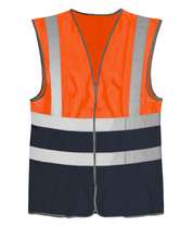 High-visibility safety vest in bright orange with a contrasting dark navy lower half, equipped with dual horizontal silver reflective bands and vertical shoulder stripes for increased visibility.
by MAK Boots & Garments