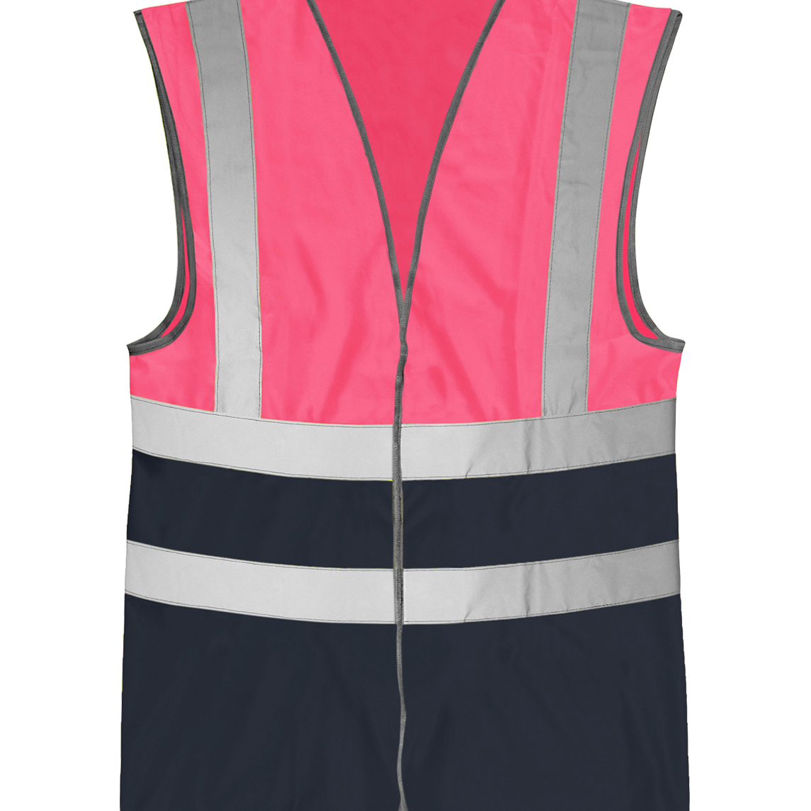 High-visibility safety vest in fluorescent pink and navy blue, featuring two horizontal silver reflective stripes and two vertical reflective shoulder stripes for optimal visibility and protection.
by MAK Boots & Garments