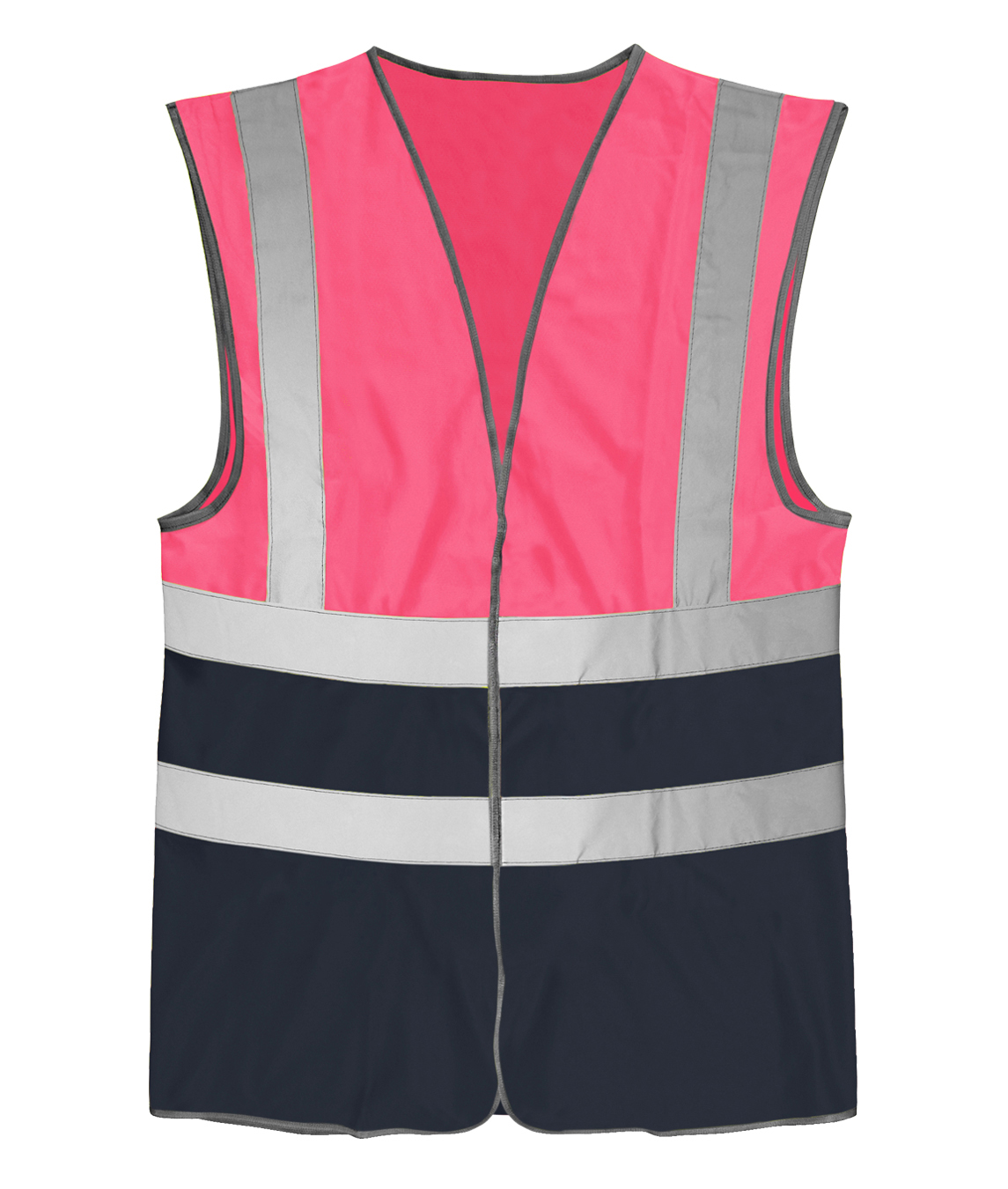 High-visibility safety vest in fluorescent pink and navy blue, featuring two horizontal silver reflective stripes and two vertical reflective shoulder stripes for optimal visibility and protection.
by MAK Boots & Garments