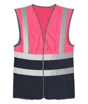 High-visibility safety vest in fluorescent pink and navy blue, featuring two horizontal silver reflective stripes and two vertical reflective shoulder stripes for optimal visibility and protection.
by MAK Boots & Garments