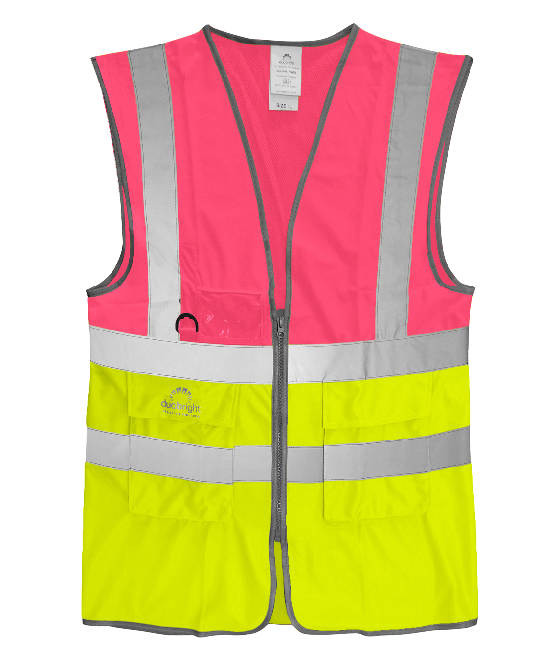 High-visibility safety vest in fluorescent pink and yellow with silver reflective tape, clear ID pocket, D-ring loop, and multiple front utility pockets.
by MAK Boots & Garments