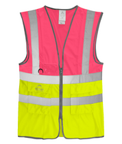 High-visibility safety vest in fluorescent pink and yellow with silver reflective tape, clear ID pocket, D-ring loop, and multiple front utility pockets.
by MAK Boots & Garments