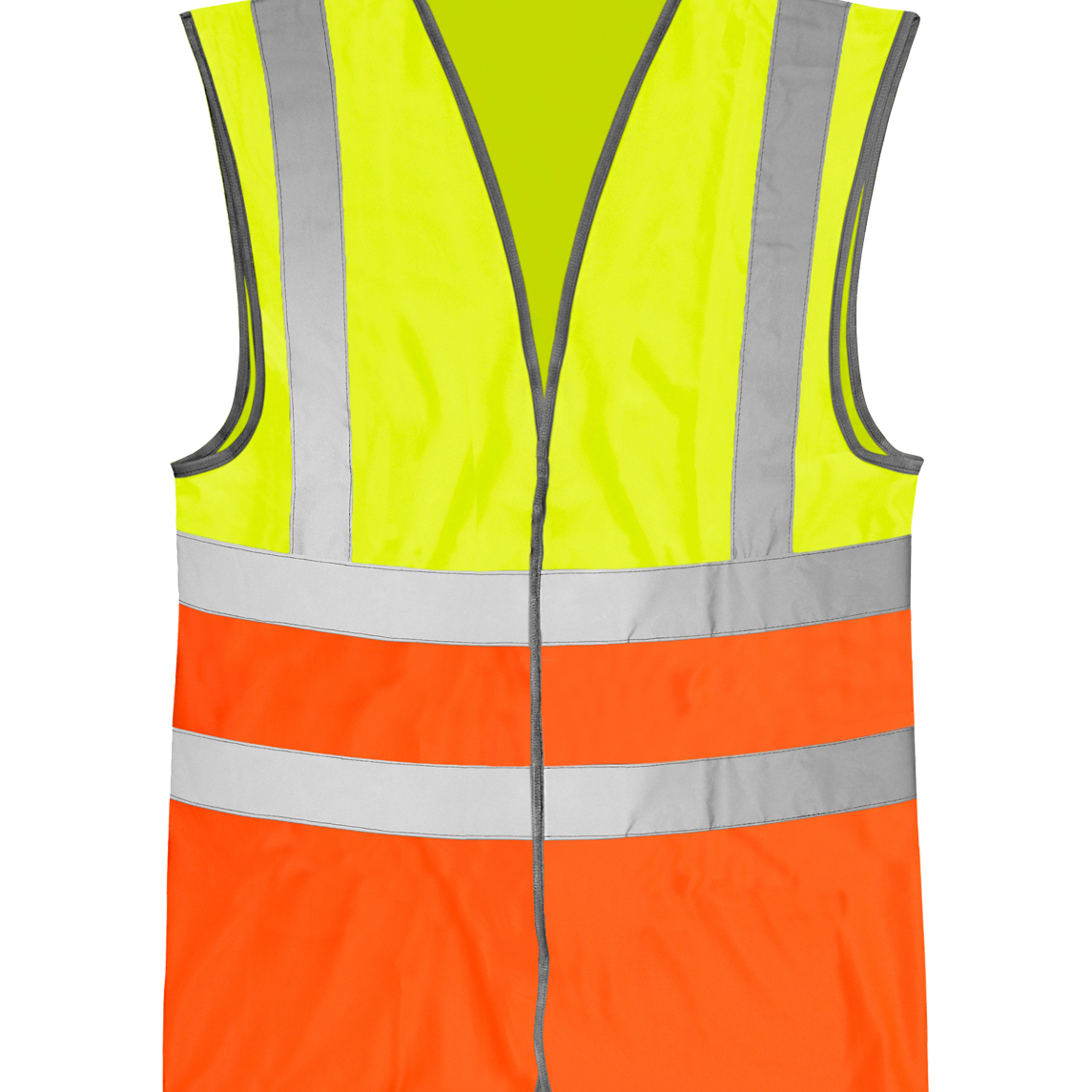 High-visibility safety vest in fluorescent yellow and orange color block, featuring dual horizontal reflective stripes and two vertical reflective stripes for enhanced visibility and safety.
by MAK Boots & Garments