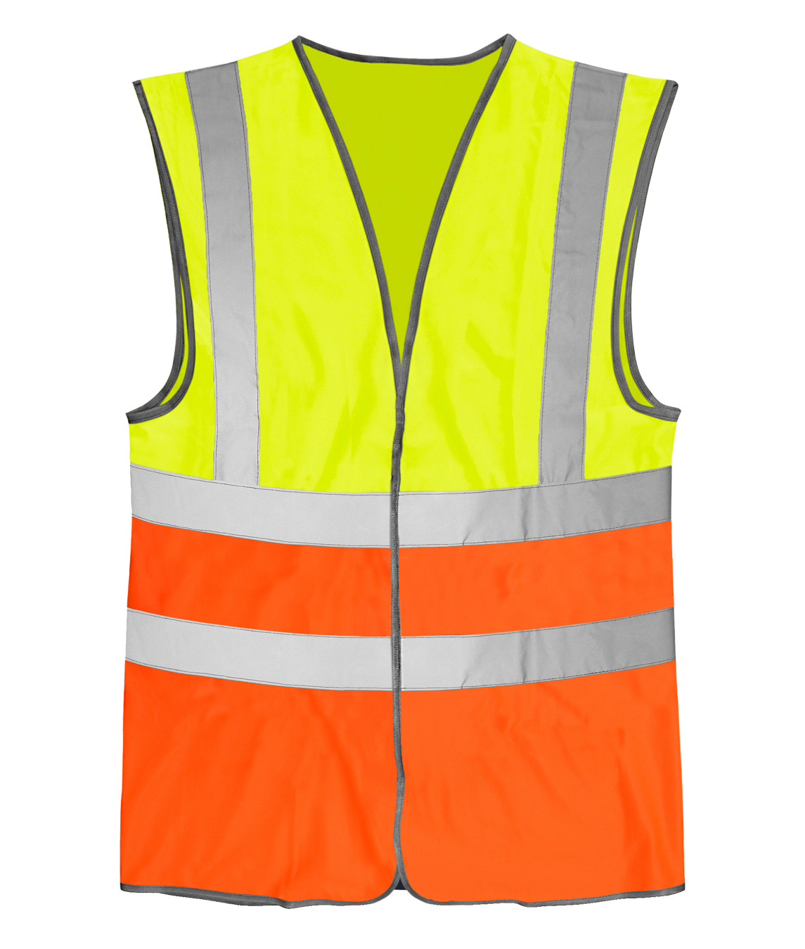 High-visibility safety vest in fluorescent yellow and orange color block, featuring dual horizontal reflective stripes and two vertical reflective stripes for enhanced visibility and safety.
by MAK Boots & Garments