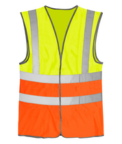 High-visibility safety vest in fluorescent yellow and orange color block, featuring dual horizontal reflective stripes and two vertical reflective stripes for enhanced visibility and safety.
by MAK Boots & Garments