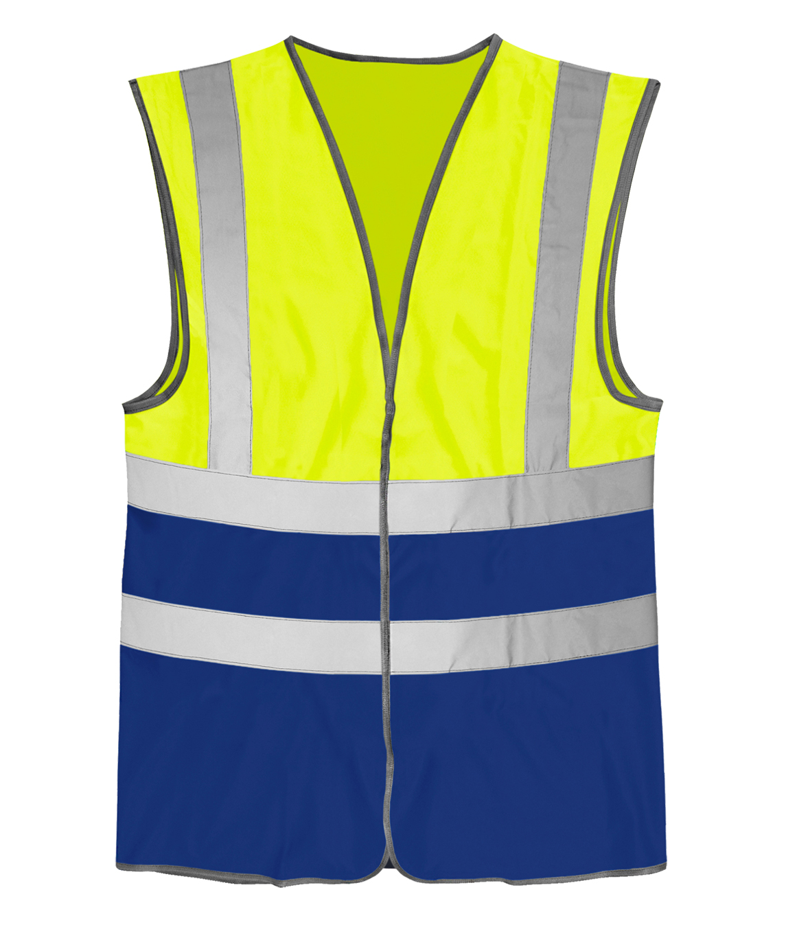 High-visibility two-tone safety vest featuring a fluorescent yellow top and royal blue bottom, finished with dual horizontal silver reflective bands and vertical reflective stripes over the shoulders for enhanced visibility.
by MAK Boots & Garments