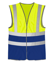 High-visibility two-tone safety vest featuring a fluorescent yellow top and royal blue bottom, finished with dual horizontal silver reflective bands and vertical reflective stripes over the shoulders for enhanced visibility.
by MAK Boots & Garments