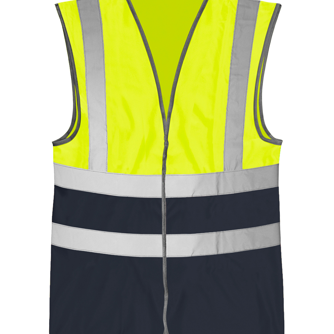 High-visibility two-tone safety vest featuring a fluorescent yellow top half and a navy blue bottom half, with vertical silver reflective shoulder stripes and two horizontal reflective bands around the torso for maximum visibility.
by MAK Boots & Garments