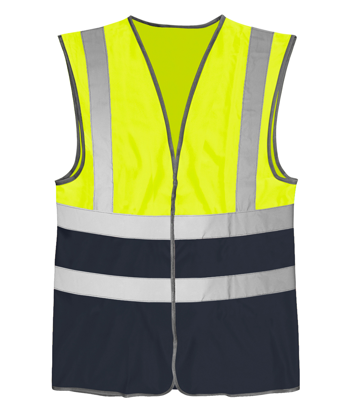High-visibility two-tone safety vest featuring a fluorescent yellow top half and a navy blue bottom half, with vertical silver reflective shoulder stripes and two horizontal reflective bands around the torso for maximum visibility.
by MAK Boots & Garments