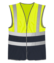 High-visibility two-tone safety vest featuring a fluorescent yellow top half and a navy blue bottom half, with vertical silver reflective shoulder stripes and two horizontal reflective bands around the torso for maximum visibility.
by MAK Boots & Garments