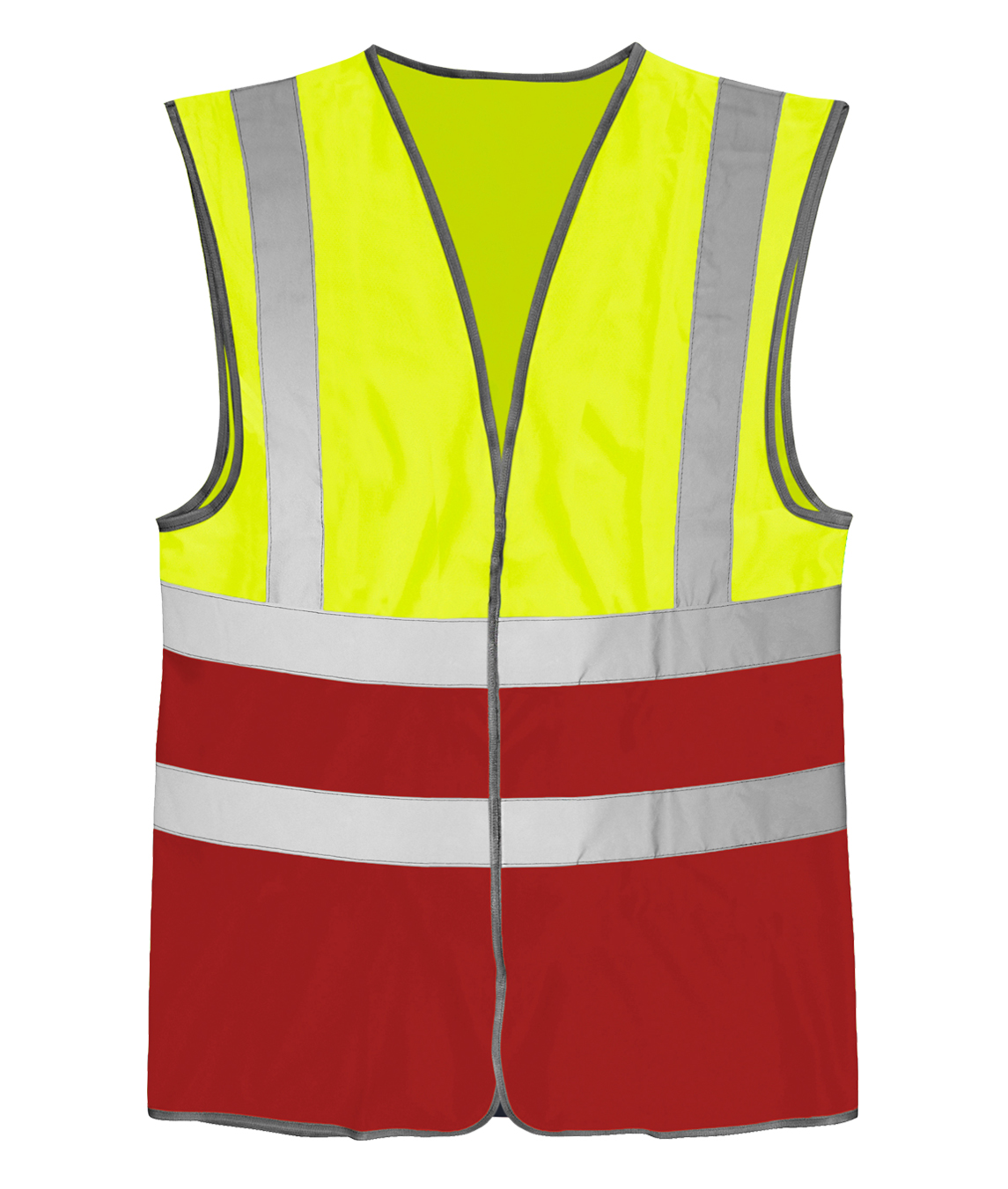 High-visibility two-tone safety vest featuring a fluorescent yellow top section and a deep red bottom half, accented by vertical silver reflective shoulder bands and two horizontal reflective stripes for enhanced visibility and safety.
by MAK Boots & Garments