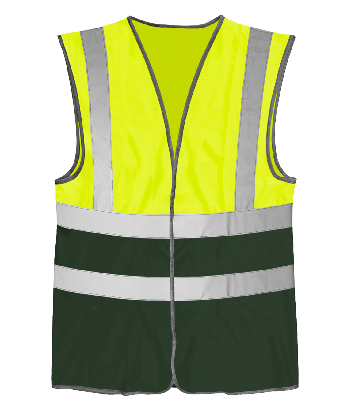 High-visibility two-tone safety vest featuring a fluorescent yellow upper half and a deep forest green lower half, enhanced with two horizontal silver reflective bands and vertical reflective shoulder stripes for increased visibility.
by MAK Boots & Garments
