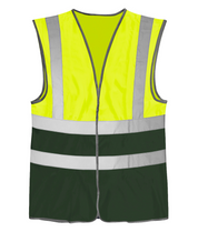 High-visibility two-tone safety vest featuring a fluorescent yellow upper half and a deep forest green lower half, enhanced with two horizontal silver reflective bands and vertical reflective shoulder stripes for increased visibility.
by MAK Boots & Garments