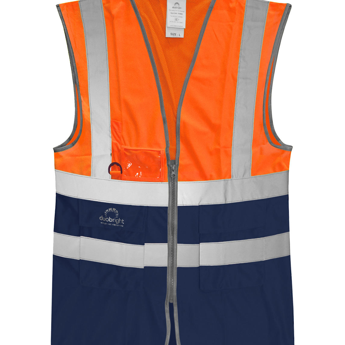 High-visibility two-tone safety vest in fluorescent orange and navy with silver reflective striping, ID holder, D-ring attachment, and multiple front utility pockets.
by MAK Boots & Garments