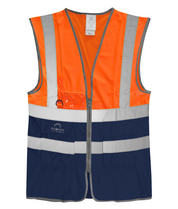 High-visibility two-tone safety vest in fluorescent orange and navy with silver reflective striping, ID holder, D-ring attachment, and multiple front utility pockets.
by MAK Boots & Garments
