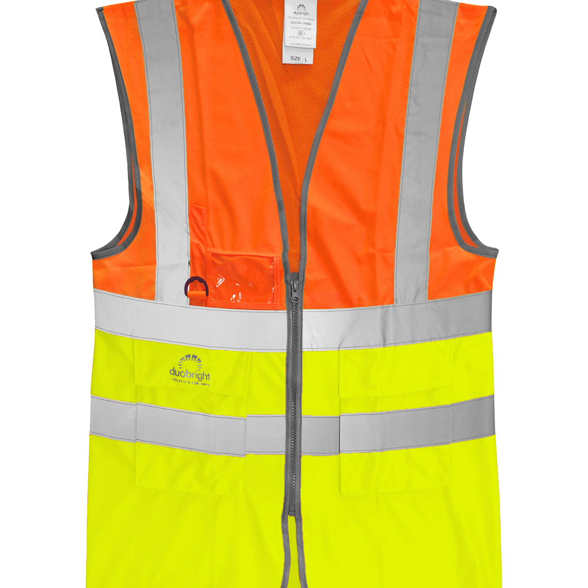 High-visibility two-tone safety vest in fluorescent orange and yellow with silver reflective striping, ID holder, D-ring attachment, and multiple storage pockets.
by MAK Boots & Garments
