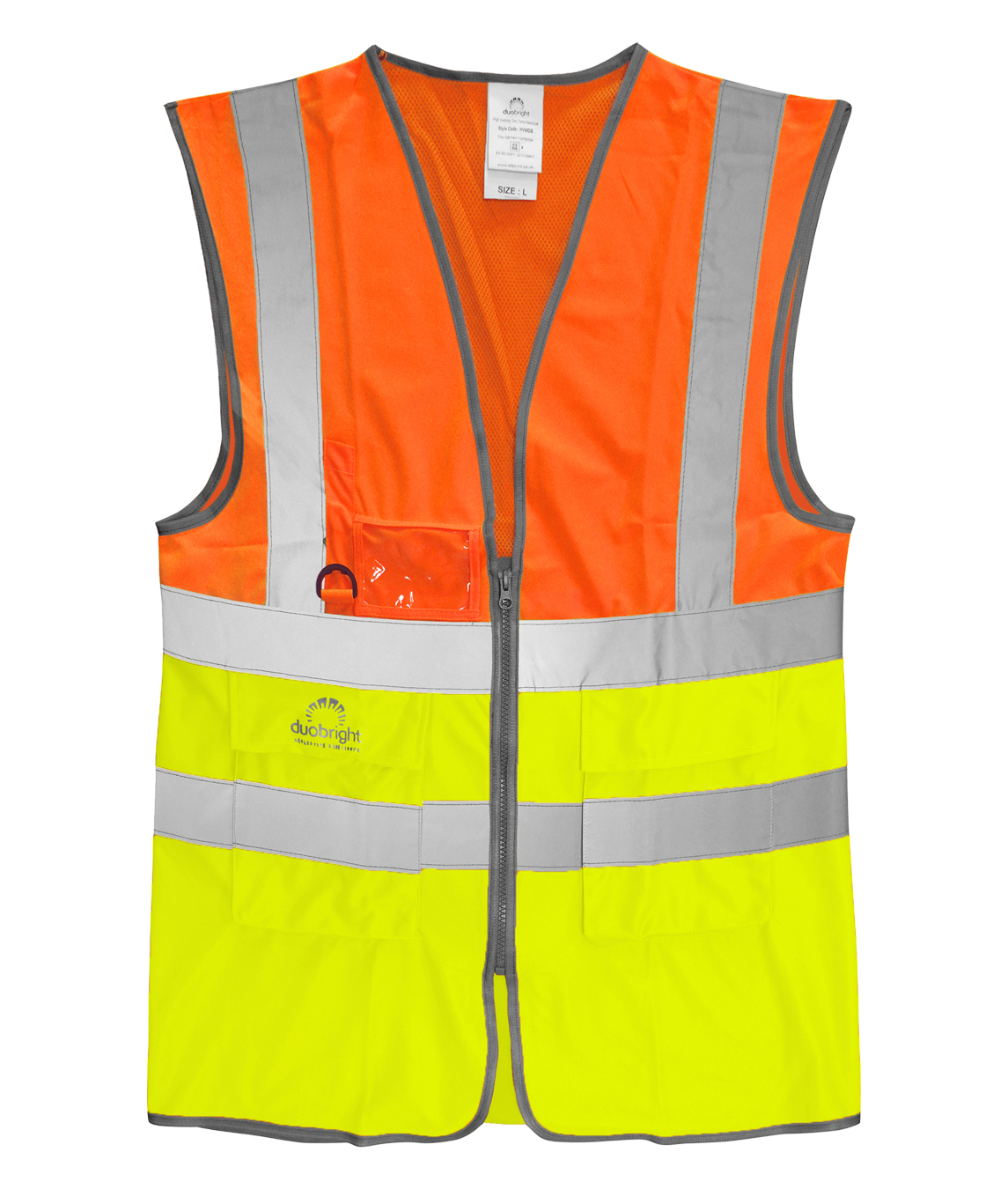 High-visibility two-tone safety vest in fluorescent orange and yellow with silver reflective striping, ID holder, D-ring attachment, and multiple storage pockets.
by MAK Boots & Garments