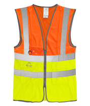 High-visibility two-tone safety vest in fluorescent orange and yellow with silver reflective striping, ID holder, D-ring attachment, and multiple storage pockets.
by MAK Boots & Garments