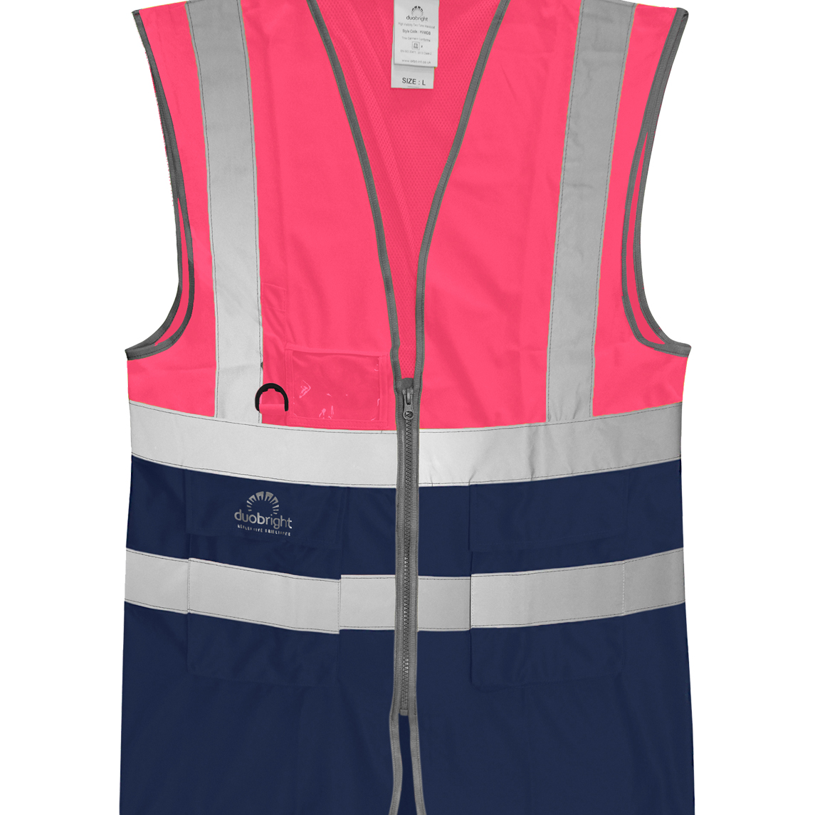 High-visibility two-tone safety vest in fluorescent pink and navy with silver reflective tape, a clear ID pocket, D-ring loop, and multiple front utility pockets.
by MAK Boots & Garments