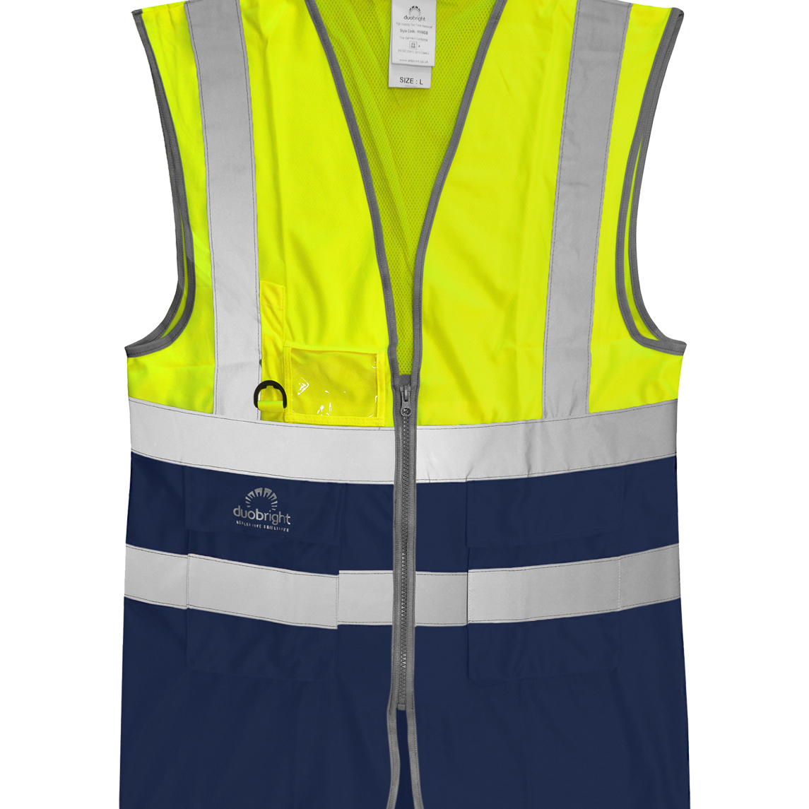 High-visibility two-tone safety vest in fluorescent yellow and navy blue with silver reflective striping, ID holder, D-ring attachment, and multiple utility pockets.
by MAK Boots & Garments
