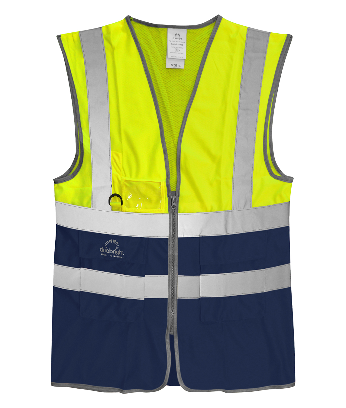 High-visibility two-tone safety vest in fluorescent yellow and navy blue with silver reflective striping, ID holder, D-ring attachment, and multiple utility pockets.
by MAK Boots & Garments