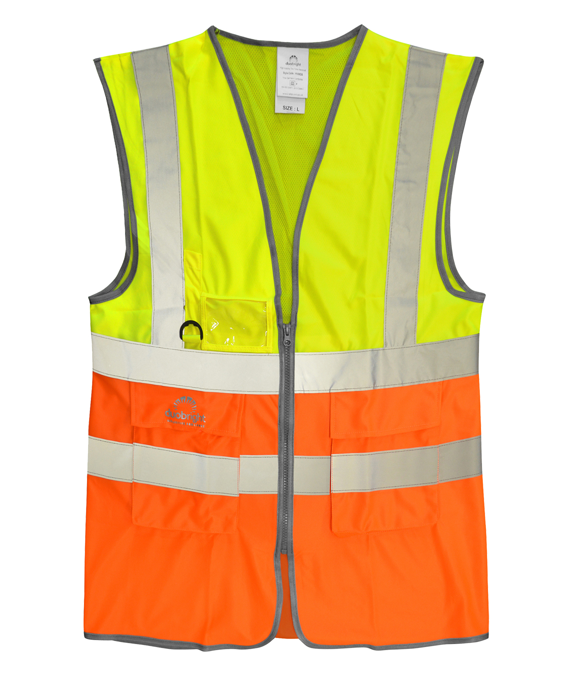 High-visibility two-tone safety vest in fluorescent yellow and orange with silver reflective stripes, ID holder, D-ring, and multiple utility pockets.
by MAK Boots & Garments