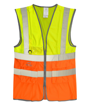 High-visibility two-tone safety vest in fluorescent yellow and orange with silver reflective stripes, ID holder, D-ring, and multiple utility pockets.
by MAK Boots & Garments