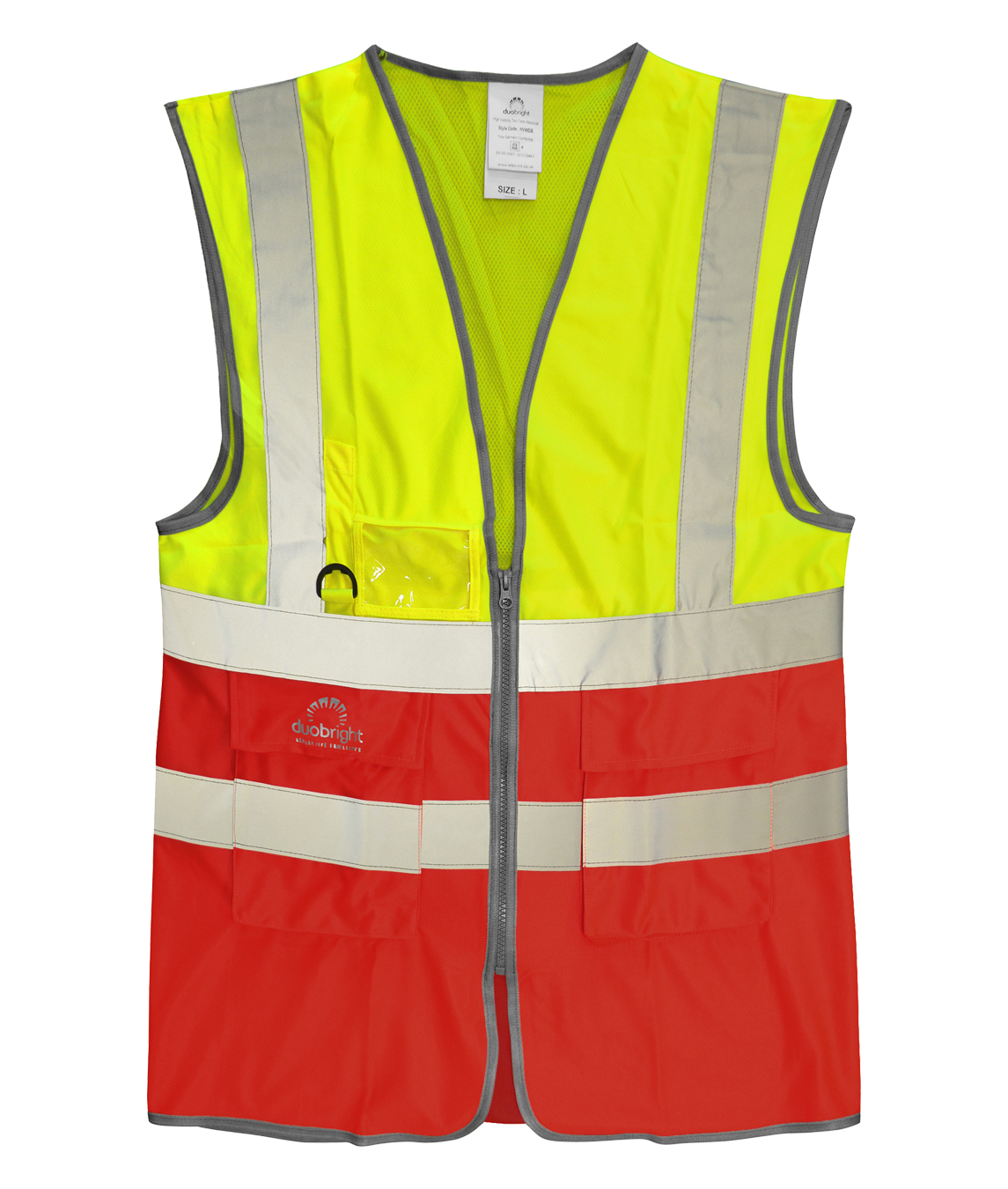 High-visibility two-tone safety vest in fluorescent yellow and red with silver reflective striping, ID holder, D-ring attachment, and multiple front utility pockets.
by MAK Boots & Garments
