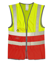High-visibility two-tone safety vest in fluorescent yellow and red with silver reflective striping, ID holder, D-ring attachment, and multiple front utility pockets.
by MAK Boots & Garments