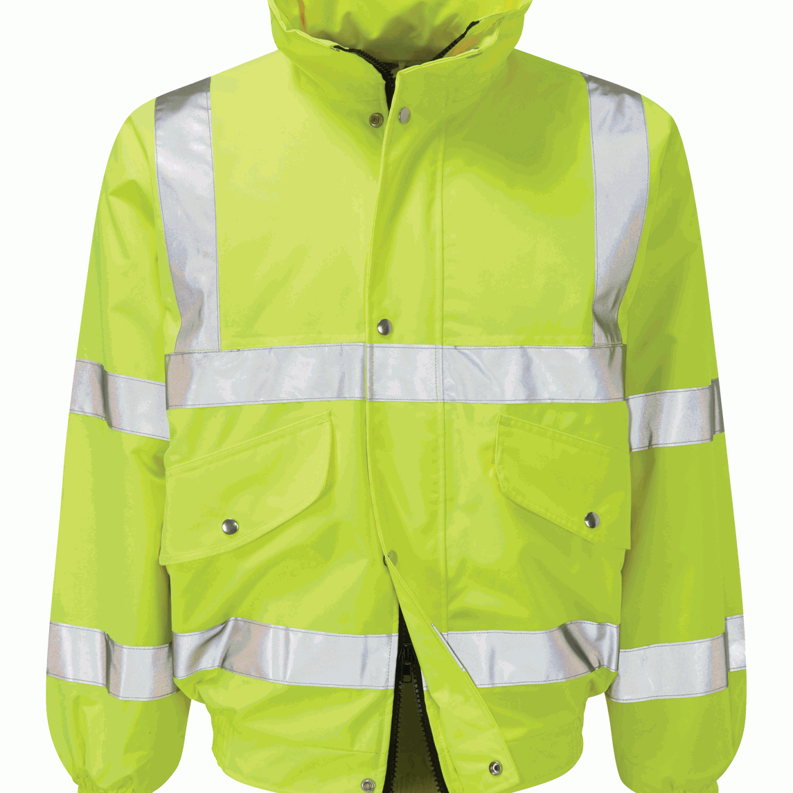 High-visibility yellow bomber jacket with silver reflective tape across the chest, arms, and waist features a front zip closure, elasticated cuffs and hem, and a fleece-lined interior for added warmth by MAK Boots & Garments.