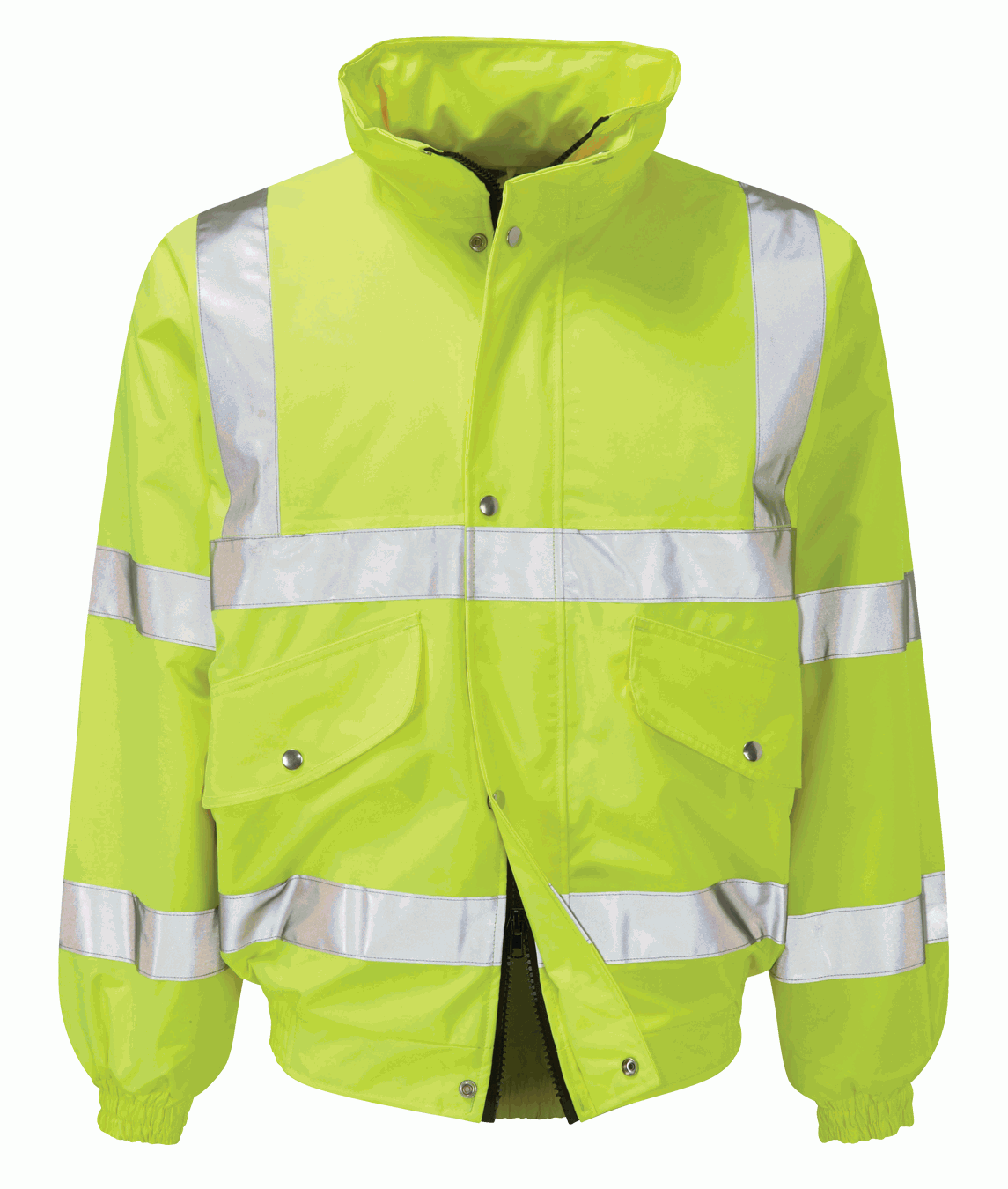 High-visibility yellow bomber jacket with silver reflective tape across the chest, arms, and waist features a front zip closure, elasticated cuffs and hem, and a fleece-lined interior for added warmth by MAK Boots & Garments.