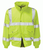 High-visibility yellow bomber jacket with silver reflective tape across the chest, arms, and waist features a front zip closure, elasticated cuffs and hem, and a fleece-lined interior for added warmth by MAK Boots & Garments.