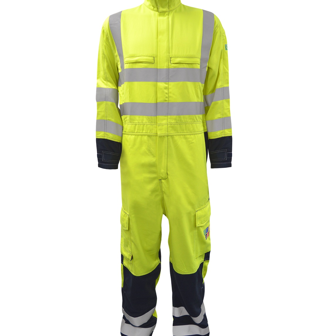 High-visibility yellow coverall with navy lower legs and reflective striping designed for hazardous work environments, this full-body suit features chest and cargo pockets, secure cuffs, and built-in contrast panels for added durability and visibility by MAK Boots & Garments.
