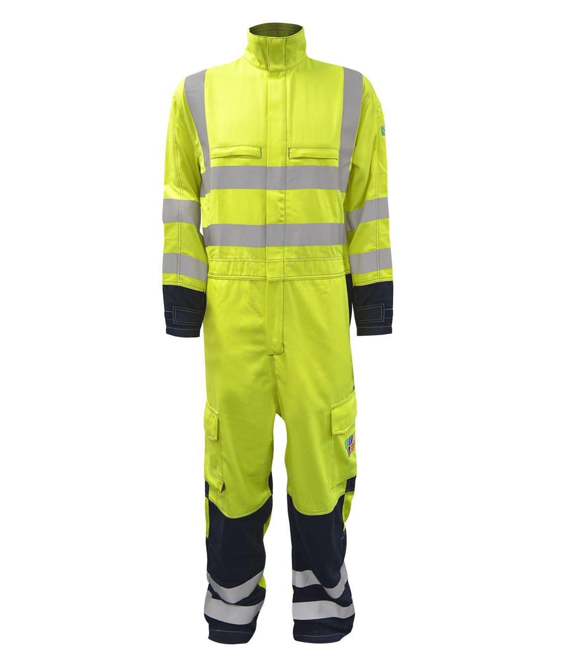High-visibility yellow coverall with navy lower legs and reflective striping designed for hazardous work environments, this full-body suit features chest and cargo pockets, secure cuffs, and built-in contrast panels for added durability and visibility by MAK Boots & Garments.