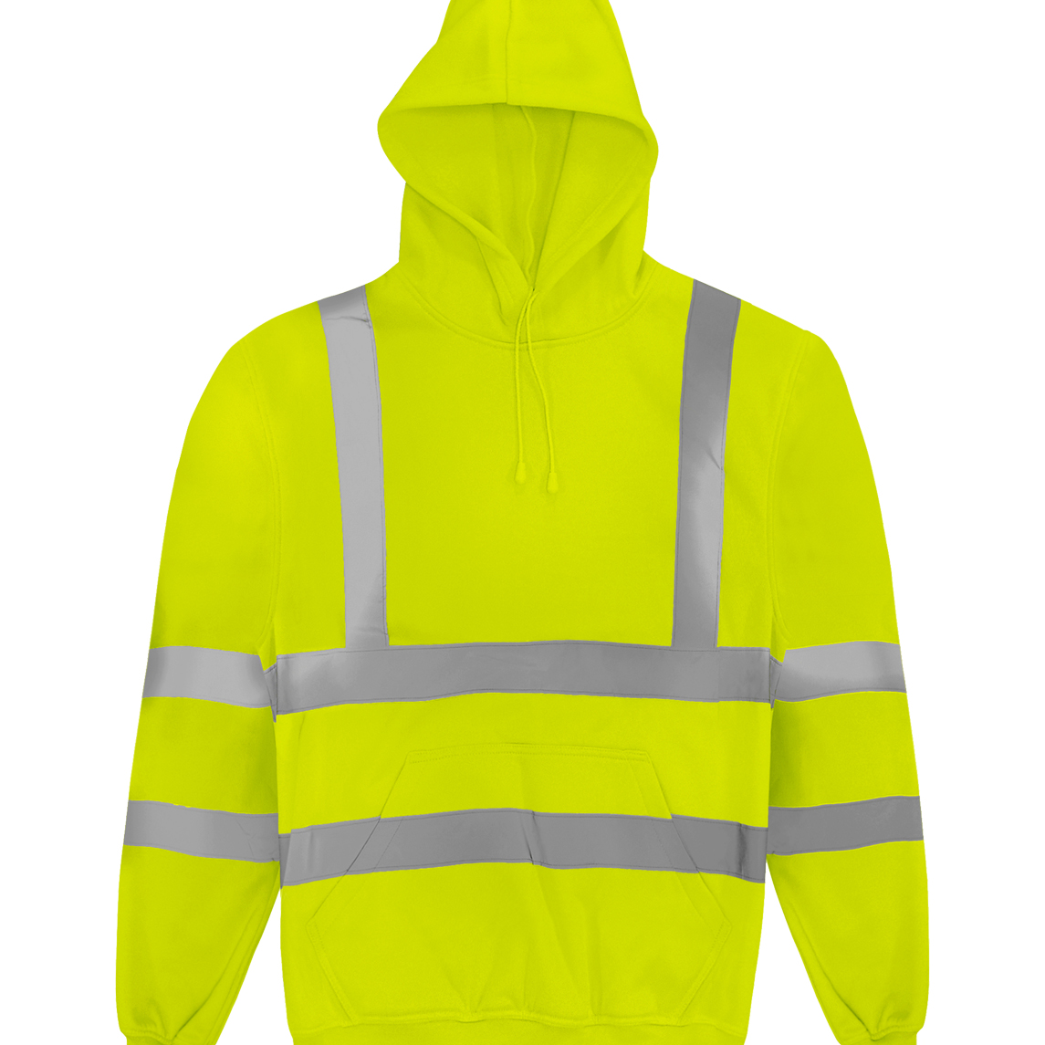 High-visibility yellow hooded sweatshirt featuring silver reflective tape across the chest, back, arms, and waist includes a front pouch pocket and adjustable drawstring hood by MAK Boots & Garments.