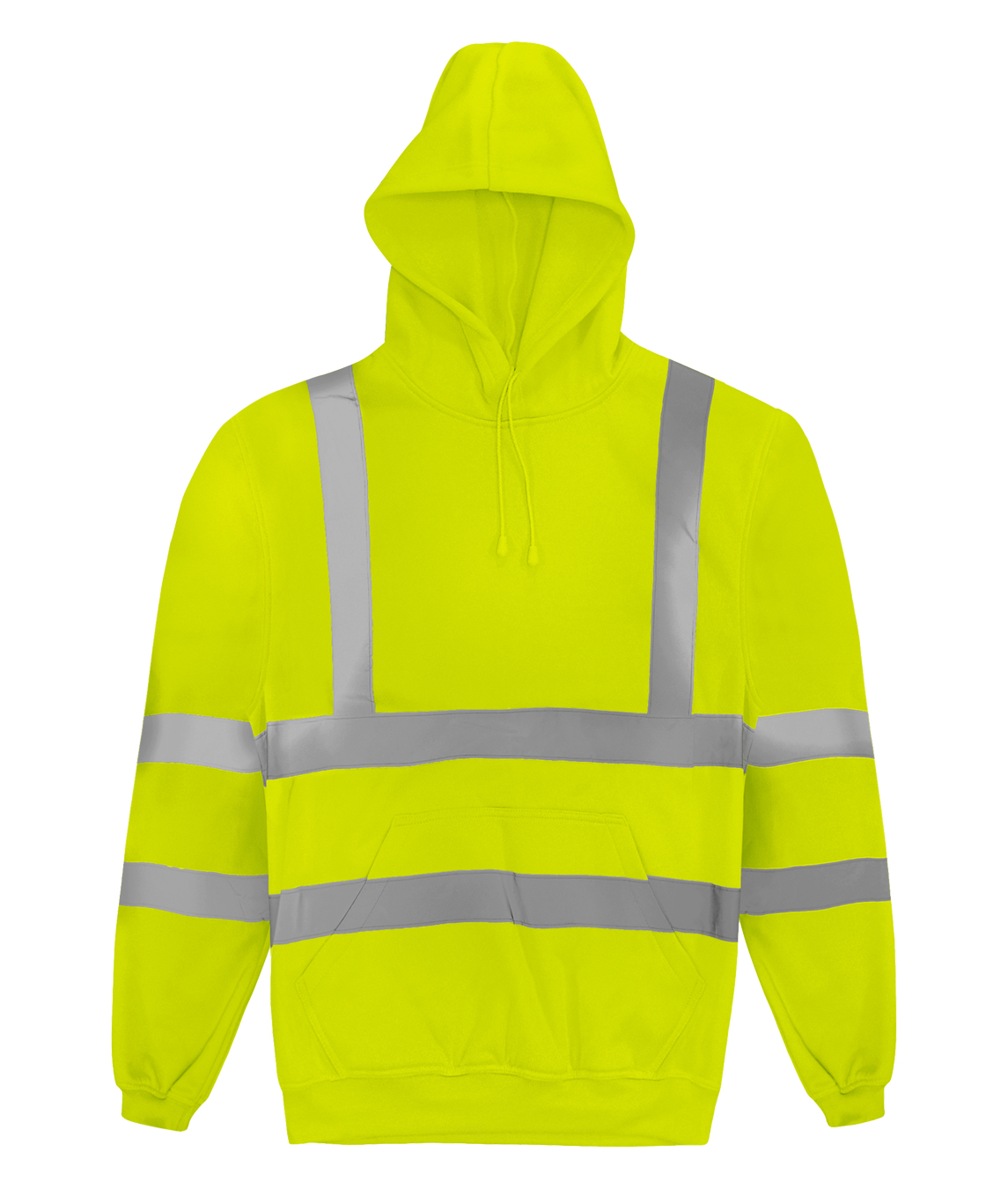 High-visibility yellow hooded sweatshirt featuring silver reflective tape across the chest, back, arms, and waist includes a front pouch pocket and adjustable drawstring hood by MAK Boots & Garments.