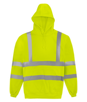 High-visibility yellow hooded sweatshirt featuring silver reflective tape across the chest, back, arms, and waist includes a front pouch pocket and adjustable drawstring hood by MAK Boots & Garments.