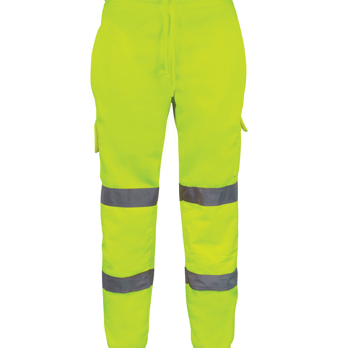 High-visibility yellow jogger-style work pants with dual reflective bands on each leg features include a drawstring waist, elastic cuffs, and cargo pockets for utility by MAK Boots & Garments.